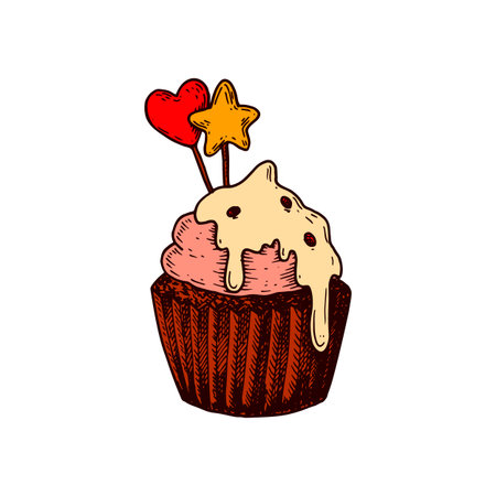 Hand drawn cupcake isolated on white. Vector illustration in sketch styleのイラスト素材
