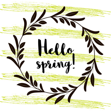 Hello spring design. Floral wreaths isolated on white with hello spring text on green stroke background. Vector illustration. Could be used for cards, prints, web, banners, postersのイラスト素材
