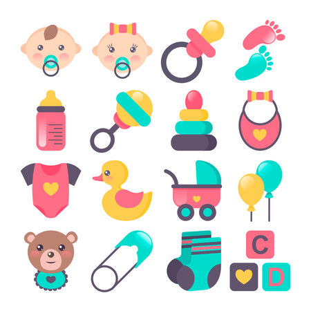 Set of baby icons in flat stile. Could be used for cards, banners, patterns, wrapping paper, web. Vector illustrationのイラスト素材