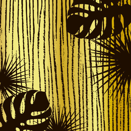 Trendy summer gold background with black stripes and tropical leaves. Vector illustration. Space for textのイラスト素材