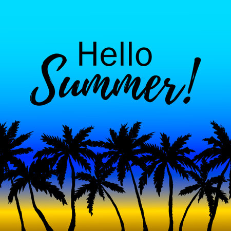 Hello Summer design with palm trees border on gradient ocean backgroundのイラスト素材