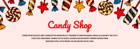 Hand drawn Candy shop horizontal design. Vector illustration in sketch style. Template for social media, cards, labels, leafletsのイラスト素材
