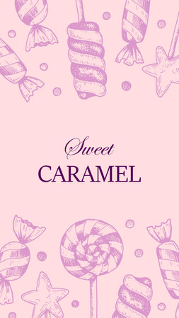 Hand drawn Candy shop design. Vector illustration in sketch style. Template for social media stories, cards, labels, leaflets.のイラスト素材
