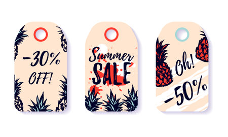 Set of Summer Sale tags with hand drawn elements. Vector illustration.のイラスト素材