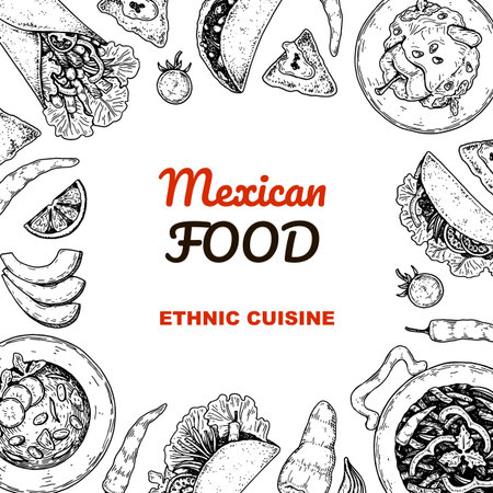 Mexican food hand drawn design. Vector illustration in sketch styleのイラスト素材