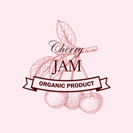Hand drawn Cherry jam logo. Vector illustration in sketch styleのイラスト素材