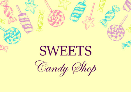 Hand drawn Candy shop horizontal design. Vector illustration in sketch style. Template for social media, cards, labels, leafletsのイラスト素材