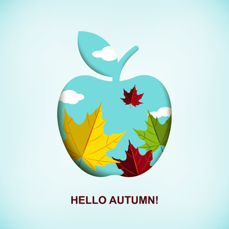 Hello autumn banner with apple and autumn leaves. Vector illustration. Space for textのイラスト素材