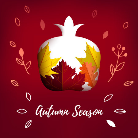 Autumn banner with pomegranate and autumn leaves. Vector illustration. Space for textのイラスト素材