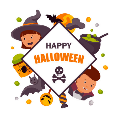 Colorful cute Halloween design for kid's party invitation. Space for text. Vector illustrationのイラスト素材