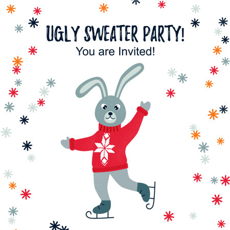 Ugly sweater party design / cad / invitation with a cute skating hare. Space for textのイラスト素材
