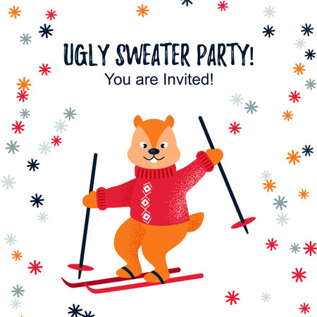 Ugly sweater party design / cad / invitation with a cute skiing chipmunk. Space for textのイラスト素材