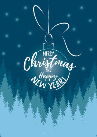 Vector illustration of a Christmas ball with Merry Christmas and Happy New Year text in sketch style on dark Christmas tree background. Christmas design.のイラスト素材