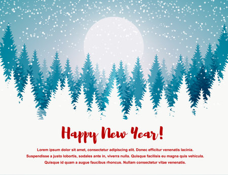 Horizontal Merry Christmas and Happy New Year greeting card. Christmas tree winter landscape.のイラスト素材