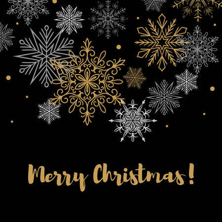 Square Merry Christmas and Happy New Year greeting card with beautiful golden and white snowflakes on black background. Christmas design for banners, posters, massages, announcements. Space for textのイラスト素材