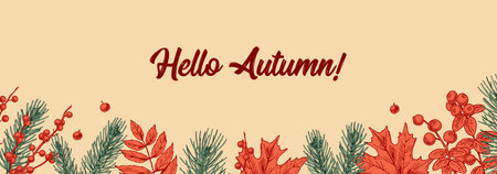Horizontal colorful Autumn design with leaves, fir tree branches and berries. Hand drawn vector illustration. Warm wishesのイラスト素材
