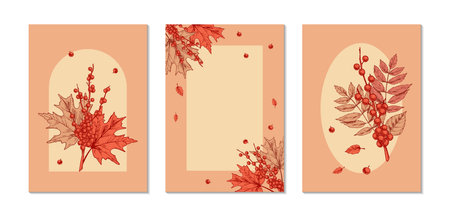 Set of autumn poster designs with red berries and maple leaves. Hand drawn vector illustrationのイラスト素材