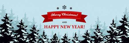 Beautiful Christmas horizontal greeting card in retro style with Christmas trees and lettering. Place for text. Vector illustration with hand drawn elements.のイラスト素材