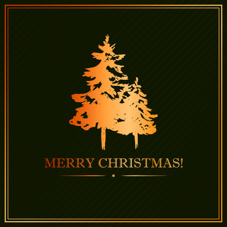 Christmas and New Year design with hand drawn golden Christmas tree on textured dark green background. Vector illustration for banner, greeting card, cover, present box, etcのイラスト素材