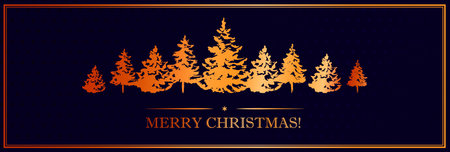 Elegant horizontal Christmas and New Year design with golden hand drawn Christmas tree on dark blue background. Vector illustration for banner, greeting card, cover, etcのイラスト素材