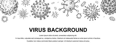 Virus banner with hand drawn design elements. Microscope virus close up. Vector illustration in sketch style. COVID-2019のイラスト素材