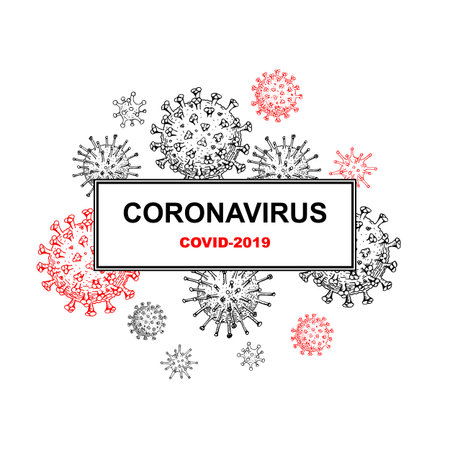 Coronavirus concept with hand drawn design elements. Microscope virus close up. Vector illustration in sketch style. COVID-2019のイラスト素材