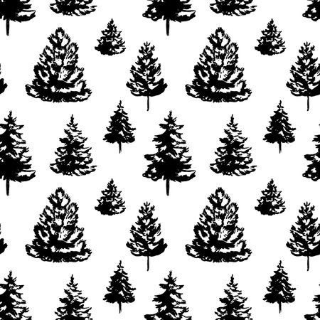 Christmas and New Year seamless pattern with hand drawn Christmas trees isolated on white. Vector illustrationのイラスト素材