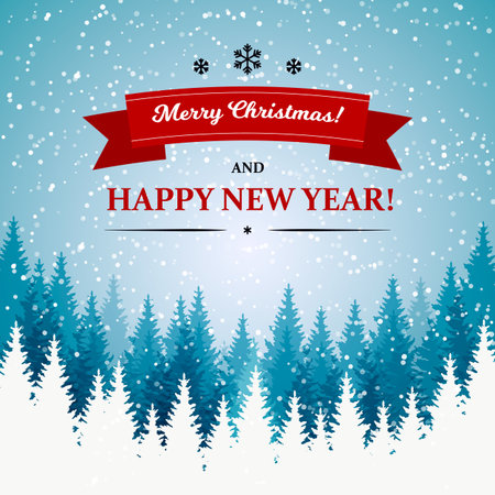 Merry Christmas and Happy New Year design with beautiful winter scenery. Blue Christmas tree landscape with snow. Vector illustration with hand drawn elementsのイラスト素材