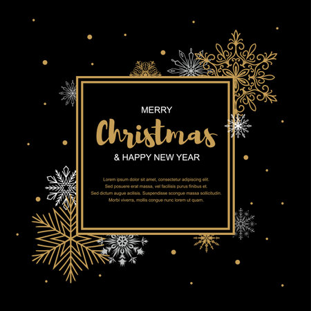 Merry Christmas and New Year greeting card with beautiful golden snowflakes on black background. Frame with space for textのイラスト素材