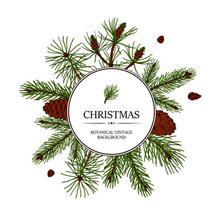 Christmas and New Year design for greeting cards, invitations, prints. Frame in vintage style with hand drawn elements isolated on white. Place for text. Vector illustrationのイラスト素材