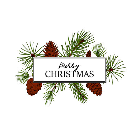 Christmas and New Year design for greeting cards, invitations, prints. Frame in vintage style with hand drawn elements isolated on white. Place for text. Vector illustrationのイラスト素材