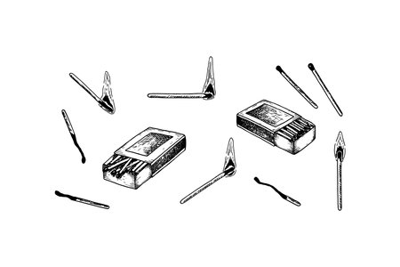 Set of hand drawn matches isolated on white background. Vector illustration in sketch styleのイラスト素材