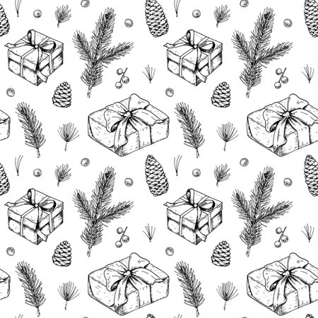Christmas seamless pattern with hand drawn gift boxes with beautiful bows, fir tree branches and cones, berries. Vector illustration in vintage sketch styleのイラスト素材