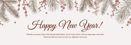 Horizontal hand drawn Merry Christmas and Happy New Year greeting card with Christmas tree branches and holly berries. Vintage vector illustrationのイラスト素材