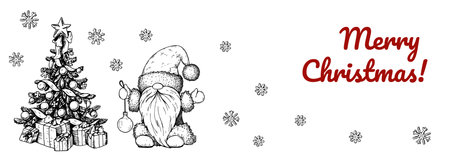 Hand drawn horizontal Happy New Year and Merry Christmas greeting card with cute gnome and Christmas tree. Vector illustration in sketch styleのイラスト素材