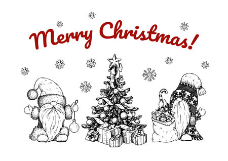 Hand drawn Christmas greeting card with gnomes and Christmas tree. Vector illustration in sketch styleのイラスト素材