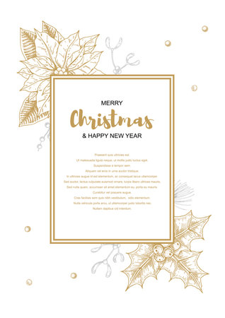 Merry Christmas and happy New Year vertical greeting card with floral elements. Hand drawn vector illustrationのイラスト素材