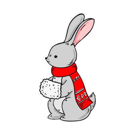 Hand drawn rabbit in a red scarf with a letter. Vector illustrationのイラスト素材