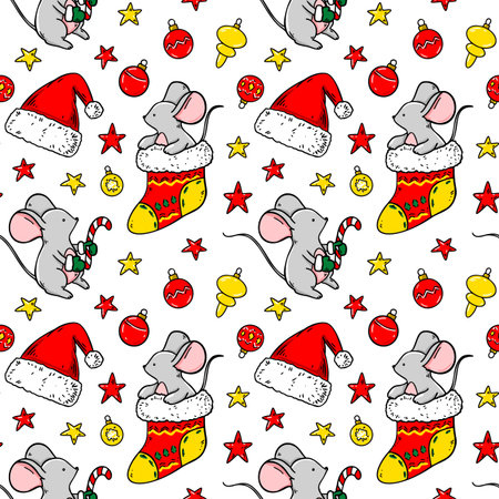 Colorful Merry Christmas and Happy New Year seamless pattern with cute mice. Hand drawn vector illustrationのイラスト素材