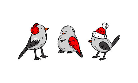 Set of hand drawn birds in winter Christmas style. Vector illustrationのイラスト素材
