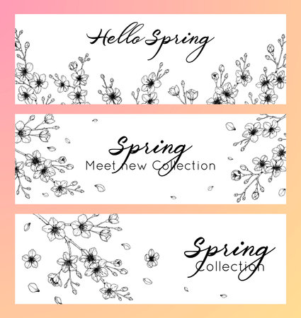 Set of horizontal banners with hand drawn spring cherry blossom in sketch style. Spring design for cards, banners, letters, invitations, headlines. Place for textのイラスト素材