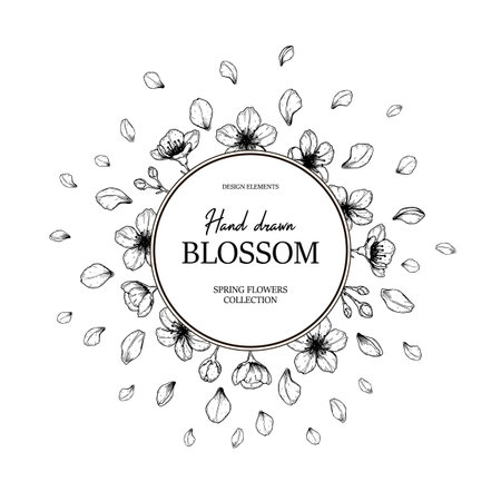 Floral circle frame with hand drawn spring cherry blossom in sketch style. Spring design for cards, banners, letters, invitations. Place for textのイラスト素材