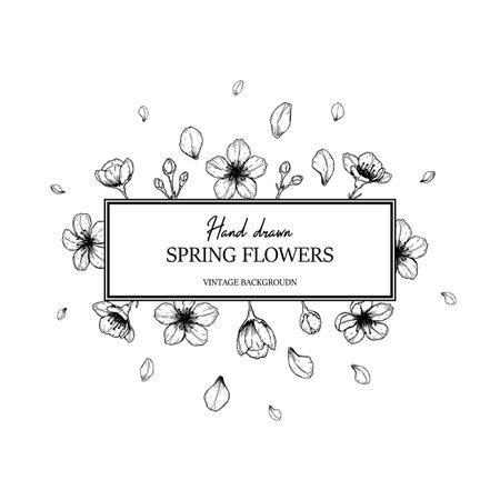 Floral frame with hand drawn spring cherry blossom in sketch style. Spring design for cards, banners, letters, invitations. Place for textのイラスト素材