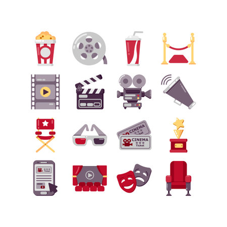 Cinema icons set isolated on white. Vector illustrationのイラスト素材