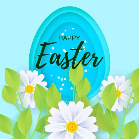 Happy Easter greeting card. Paper cut egg shape with shadow on blue background. Vector illustration.のイラスト素材