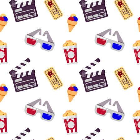 Cinema seamless pattern. Could be used for web site, banner, invitation, wallpaper, wrapping paper, corporative design. Vector illustration isolated on white.のイラスト素材