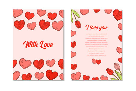 Two side Valentines day vertical greeting card with hand drawn elements. vector illustrationのイラスト素材