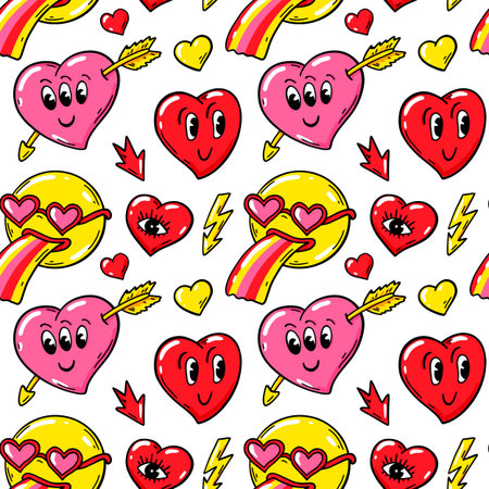 Love seamless pattern with comics cartoon characters. Valentines day design. vector illustrationのイラスト素材