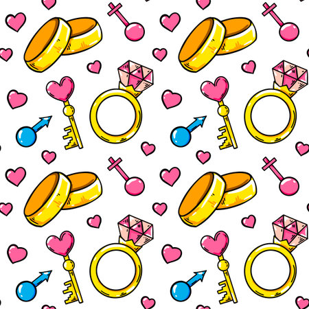 Love seamless pattern with wedding rings. Valentines day design. vector illustrationのイラスト素材