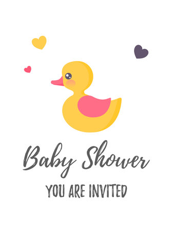 Vertical baby shower invitation with a cute toy duck. It's a girl.のイラスト素材